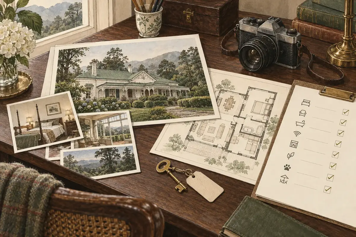 Your listing, built properly A Nilgiris heritage bungalow listing being built properly: property photographs, a floor plan and an amenities checklist laid out on a desk.
