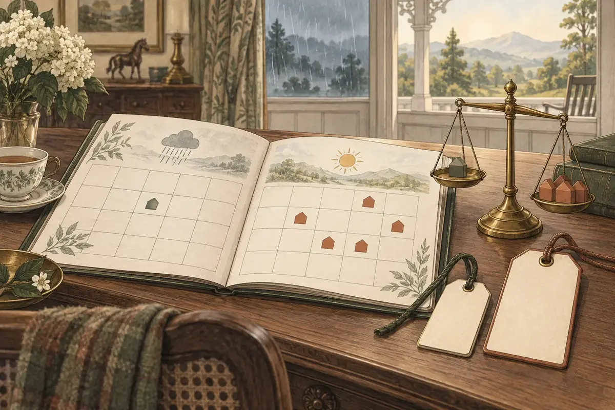 The price, decided daily The price of a Nilgiris house decided daily: a booking calendar showing a quiet rainy week against a full sunny week, with a brass balance weighing rates beside it.