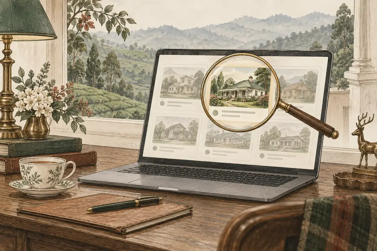 Found when people search A Nilgiris property found when guests search: search results of hill-station homes on a laptop, with one bungalow picked out under a magnifying glass.