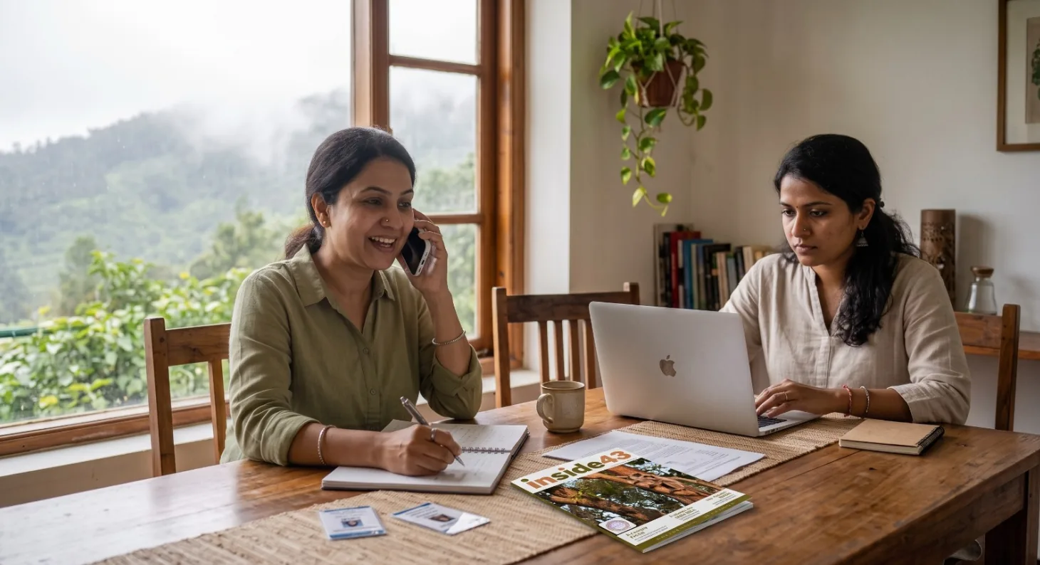 Two members of our team at a table in the Nilgiris, one taking a guest call and writing in a notebook, the other working through enquiries on a laptop.