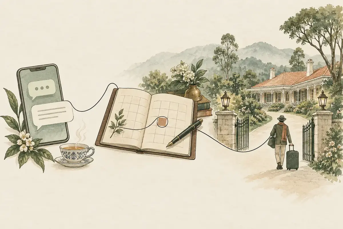 Every enquiry answered Every guest enquiry answered: a message on a phone traced through a booking diary to a traveller arriving at the gate of a Nilgiris bungalow.