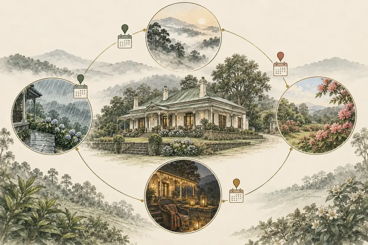 Never caught out by a season Seasonal demand planning for a Nilgiris bungalow: the house at the centre of a year-round cycle of monsoon, mist, flowering season and lamp-lit evenings, each marked with a calendar.