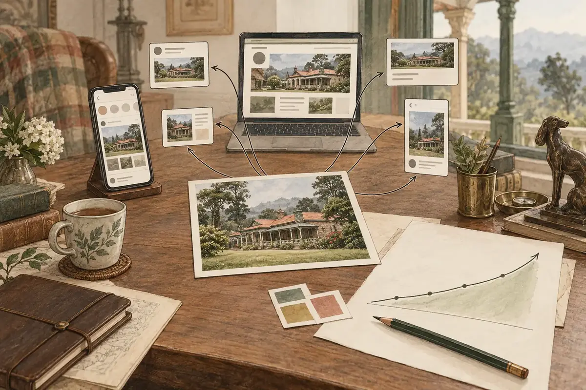 Ads that actually run Ads for a Nilgiris bungalow running across platforms: one property photograph distributed to social, search and booking placements on a phone and laptop, beside a rising revenue chart.